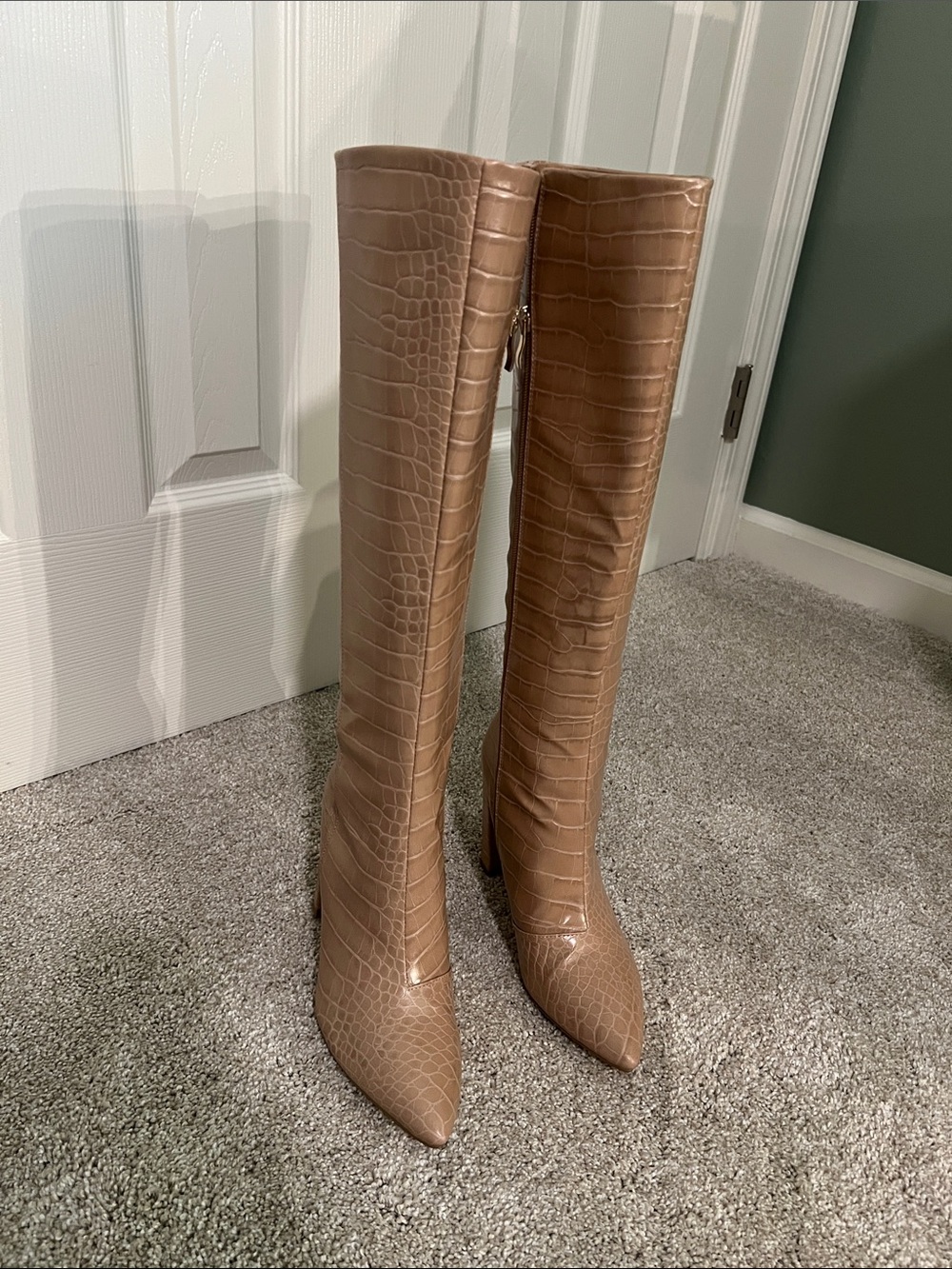 Billini Taupe Croc-Embossed Over-the-Knee Pointed Toe Boots